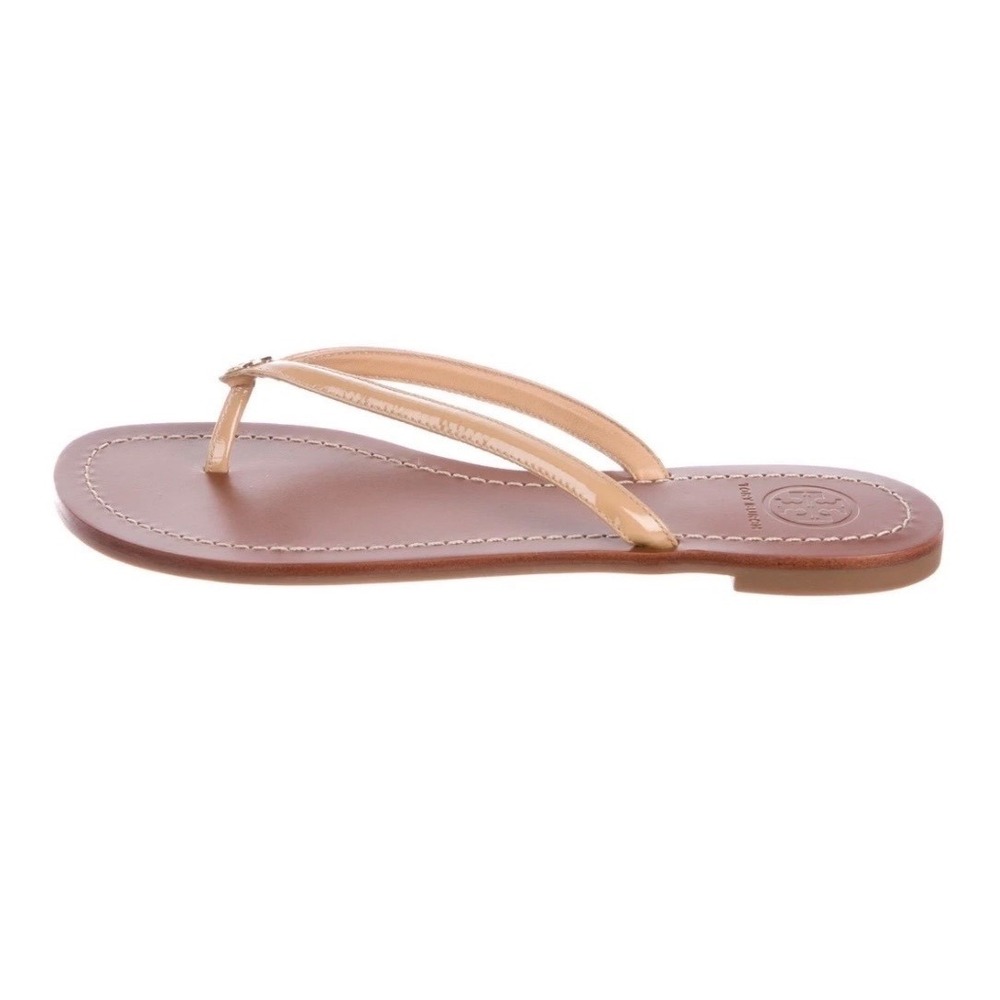 Tory Burch Terra Thong Patent Leather Sandals Nude Gold Logo Flip Flops Flat 7M - Picture 13 of 13